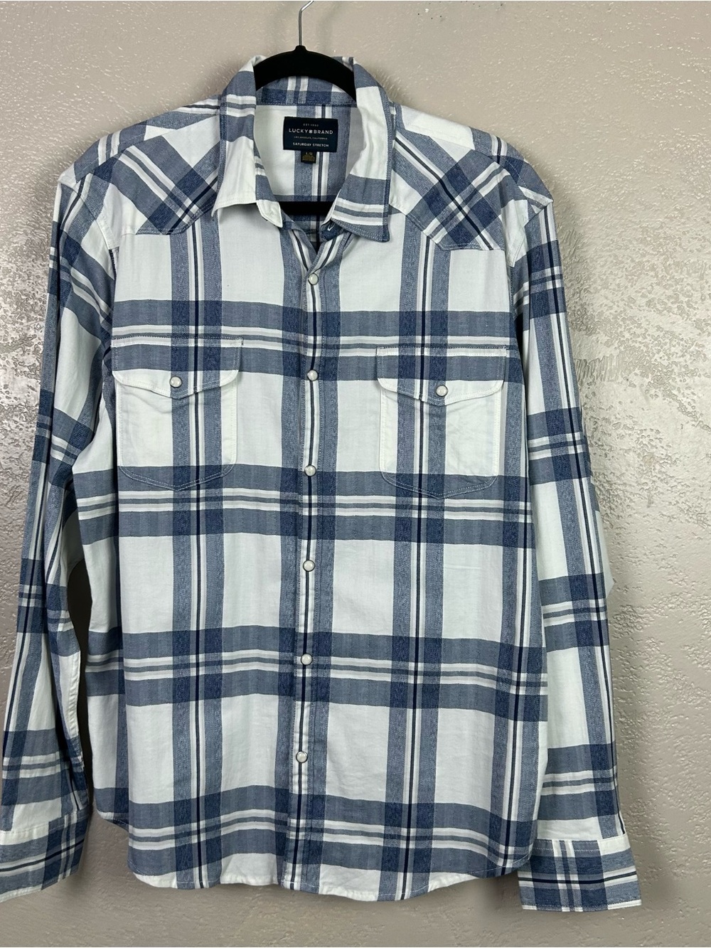 Lucky Brand Navy and White Plaid Snap Western Shirt